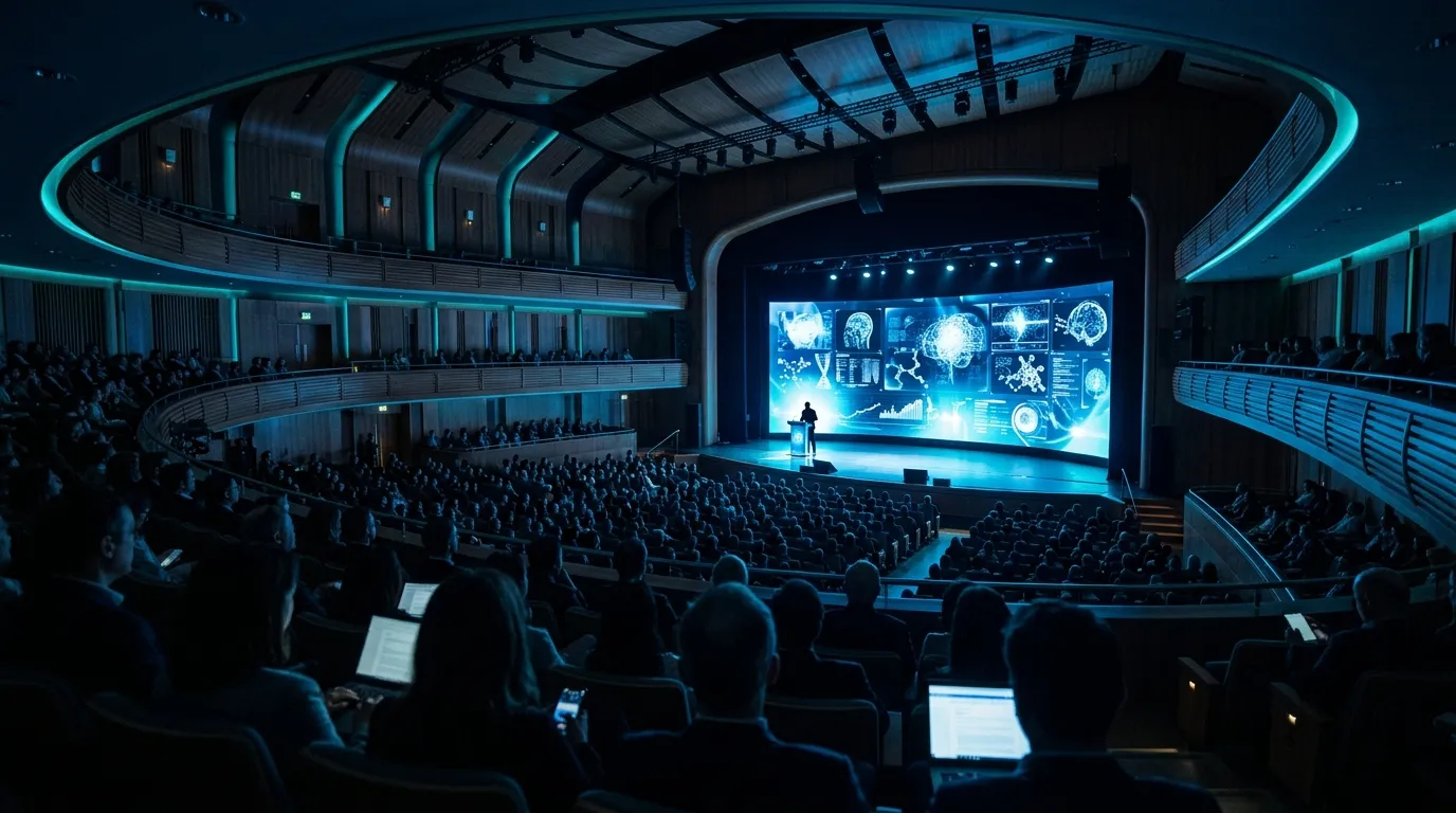 Auditorio de evento académico y de comunidad de alta tecnología con iluminación en tonos turquesa